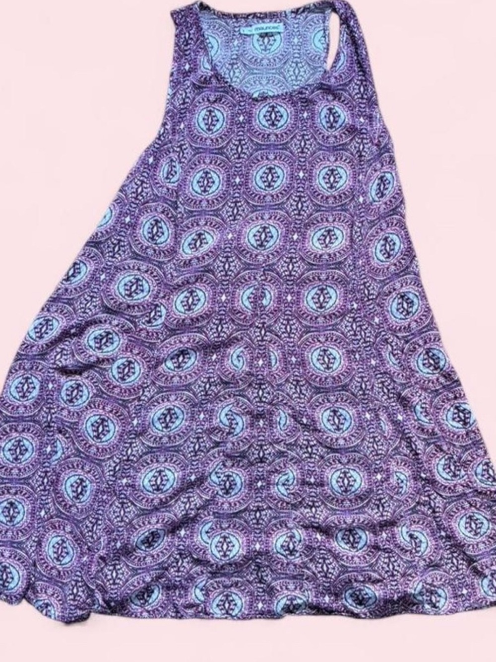 Sleeveless Purple Patterned Swing Dress with Pink accents